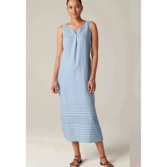 Pure Jill Kantha Quilt Stitched Sleeveless 100% Linen Maxi Dress Blue - Size 2XL - Picture 1 of 11
